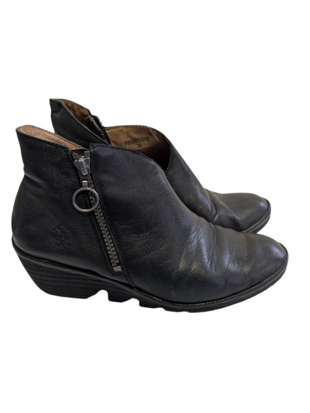 Fly London Poro Y2K Black Leather Wedge Zip Ankle Boots Booties Size 38 US 7.5